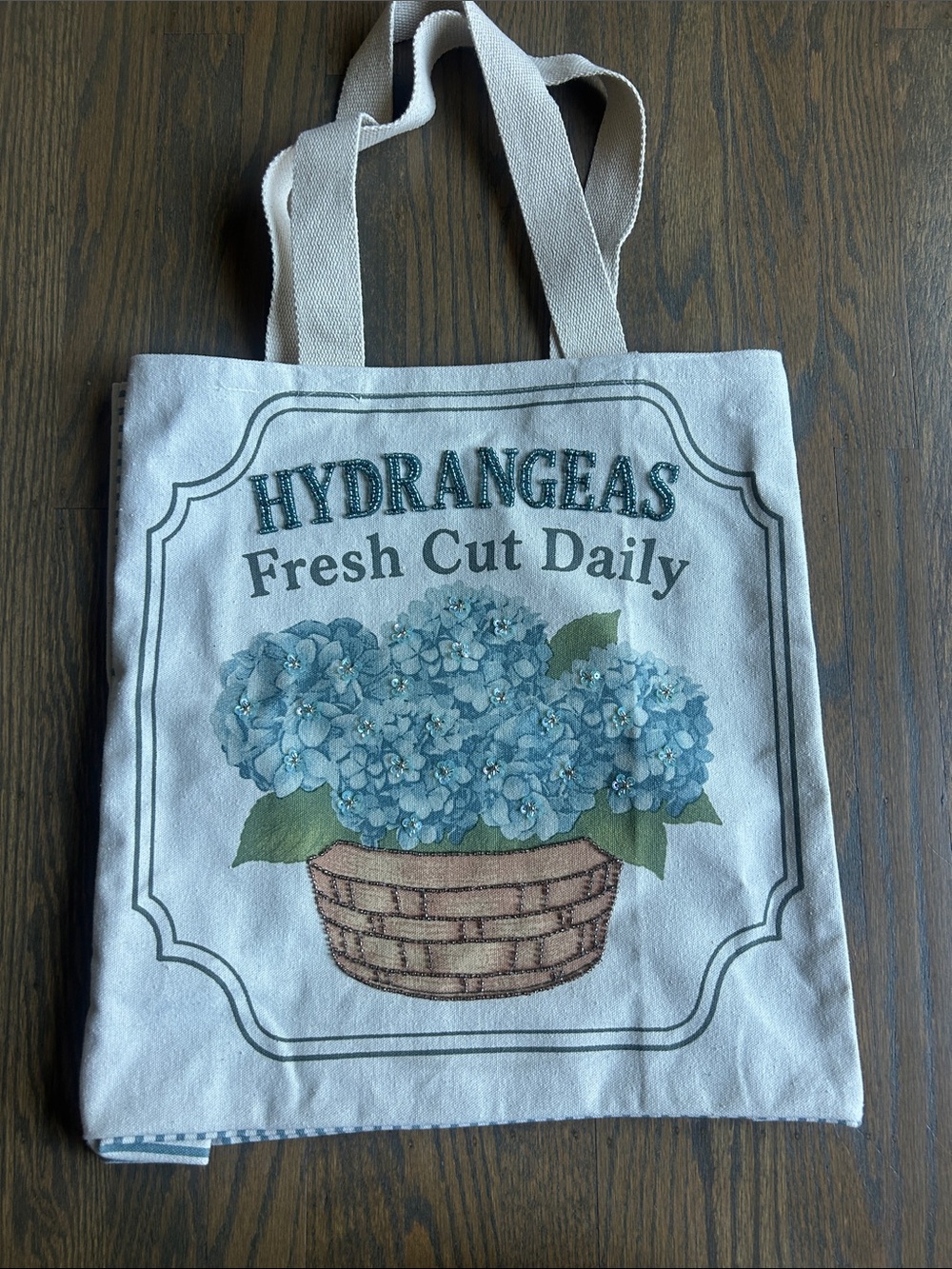 Beaded Hydrangeas Canvas Tote Bag - Blue & Cream Marshalls